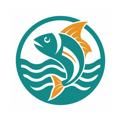 Naklejka premium Teal and Orange Fish Jumping in Water Circle Logo waves