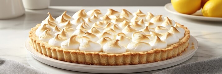 Lemon meringue tart with golden-brown peaks on white plate