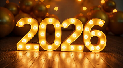 Golden glowing 2026 numbers with warm lights and bokeh background symbolizing new year celebration, holiday cheer, hope, and bright future for the upcoming year