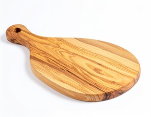 Wooden cutting board with handle, organic shape, detailed grain, isolated on white