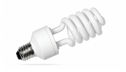 Spiraled fluorescent lightbulb with a standard base angled against white background