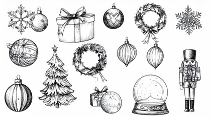 Black and white Christmas illustrations of ornaments, gifts, and a snow globe