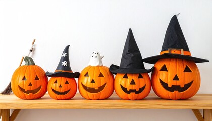 A row of carved orange pumpkins with smiling faces wearing hats. White backdrop & shelf