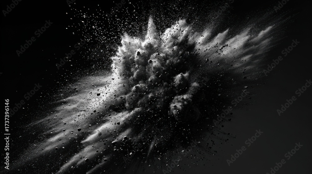 Wall mural explosion of dust particles in a dynamic and abstract black and white shot.