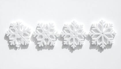 Four white, plastic snowflakes lie horizontally, on a clean, white background