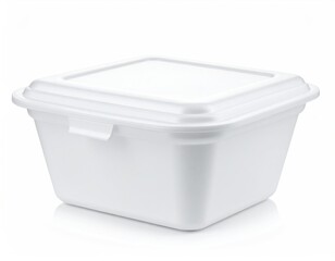 A white, square, closed food container with a lid. Perfect for leftovers