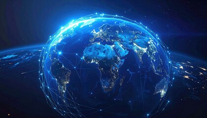 Blue Planet Earth Globe with Digital Network Connectivity Around Continent in Space