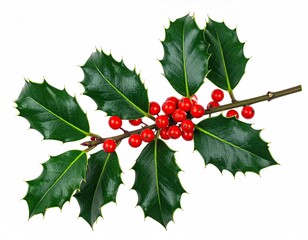 Branch of holly with spiky green leaves and small red berries on white background
