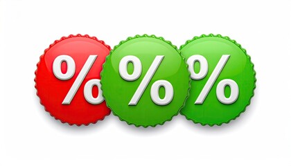 Three round badges, red and green, displaying the percentage symbol on a white background