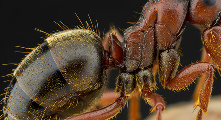 Macro closeup detail of a yellow and black wasp, fly, or spider on a green leaf, capturing the insect's wing and sting detail
