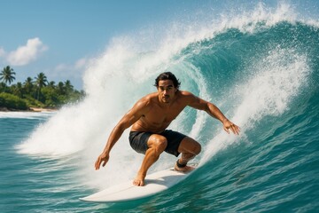 Surfer riding a massive ocean wave in tropical paradise with palm trees in background under bright sunlight and clear blue sky. Ai generative