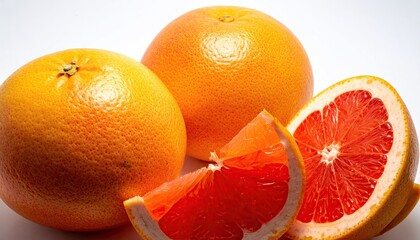 Group of ripe citrus fruit two whole, one cut, and a single wedge