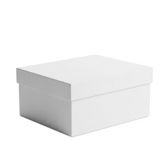 Fototapeta premium Pristine blank white rectangular cardboard box, closed lid, smooth, subtle reflection, on transparent background, soft studio lighting, 3/4 view, ample copy space, concept for product packaging