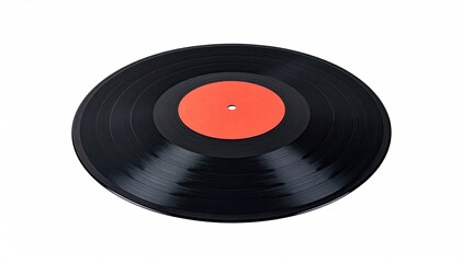 Fototapeta premium Black vinyl record with red label centered, set against a plain white background