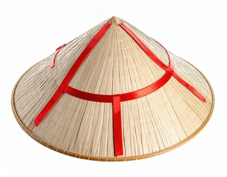 Cone-shaped hat made of woven straw, held by red ribbon supports, set against white