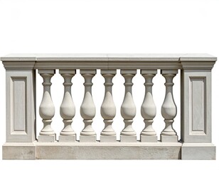 A classic, stone balustrade with ornamental spindles against a clean white backdrop