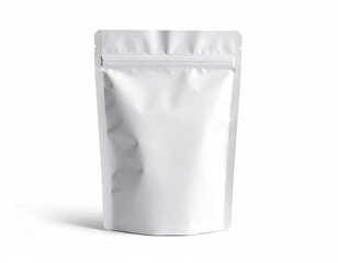 A standing, white, zip-lock style pouch on a clean white background