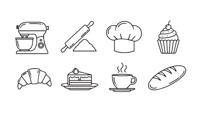 Baking icons collection kitchen appliances pastry tools and delicious treats for culinary designs vector