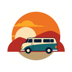 Vintage Camper Van Driving Towards a Desert Sunset