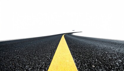 Asphalt road, yellow stripe, curves slightly upward, disappearing into blank sky