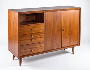 Mid-century modern wooden credenza with drawers, doors, and angled legs