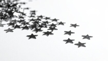 Tiny star-shaped confetti scattered on a white surface, mostly in grayscale
