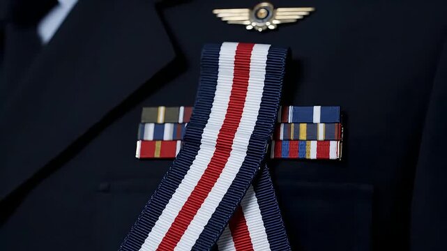 Close-up of a dark uniform featuring prominent red white and blue medal ribbons various award bars and a golden pilot wing emblem symbolizing military honor ded