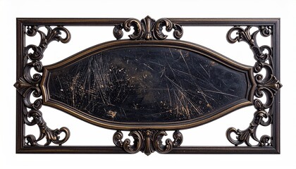 Ornate, antique metal frame with a dark oval center against a white background