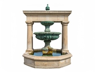 Stone fountain with aged bronze basins, surrounded by pillars, against a white backdrop