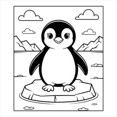 Cute Penguin Coloring Page Vector for Kids Printable, Cartoon Penguin Line Art Illustration Animal Drawing, Baby Penguin Coloring Sheet Winter Animal Vector.