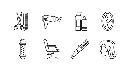 Collection of hand-drawn icons representing hair salon and styling tools for beauty services vector