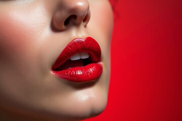 Fototapeta premium Idea for a Close-Up Portrait: Woman with Bold Red Lips Puckering, abstract, panoramic, makeup, beauty, stylish