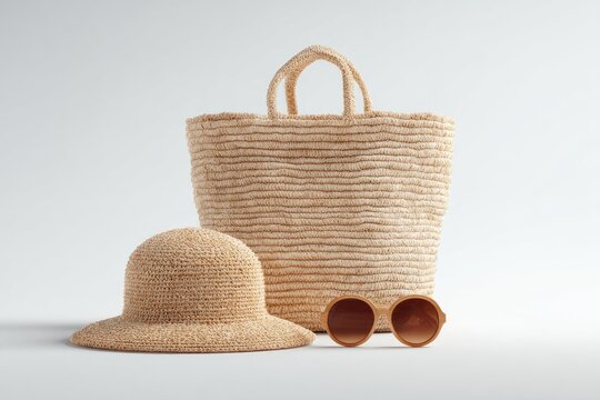 A beige straw tote bag, sun hat, and sunglasses are displayed against a bright white background. The items are neatly arranged, suggesting a summery or beach-themed aesthetic - Powered by Adobe