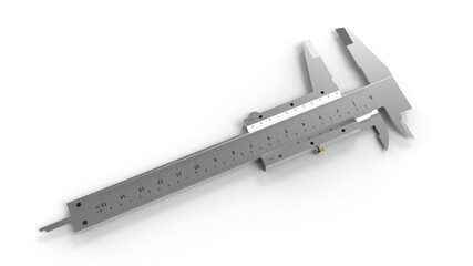 Precise metal caliper with detailed measurement markings on white background - 3D rendering