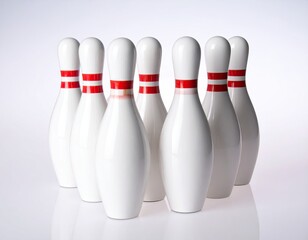 Seven upright white wooden pins with red stripe detailing, grouped on a bright white surface