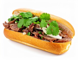 A sub sandwich, filled with sliced meat, greens, and onions, on white background