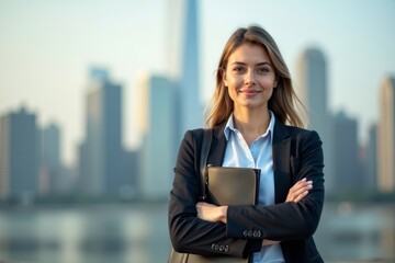 Fototapeta premium Portrait of a determined young businesswoman holding a briefcase against a city skyline, exuding confidence and success in the corporate world.