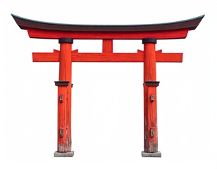 A vibrant red torii gate, isolated against a white backdrop