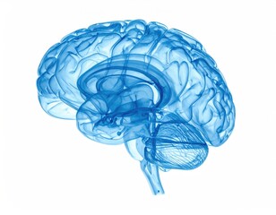 A translucent blue, side-view human brain, isolated against a white background