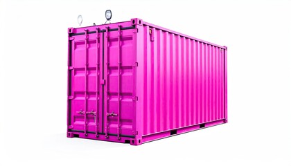 A vibrant, bright pink, metal shipping container isolated on a white background