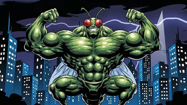 Hulking Green Bug Monster with Intense Red Eyes Flexing Powerful Muscles Above a Night City Skyline Depicted in Striking Comic Book Art Style
