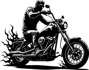 Biker with Beard on Flaming Motorcycle Graphics Black
