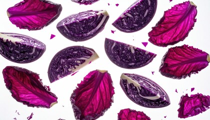 Brightly lit, sliced ruby-red cabbage against a clean white background, close-up