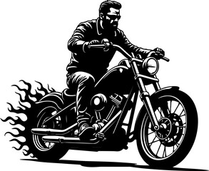 Biker with Beard on Flaming Motorcycle Graphics Black