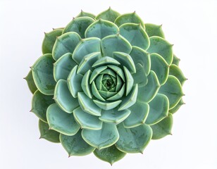 Overhead view of a symmetrical, green succulent against a white background