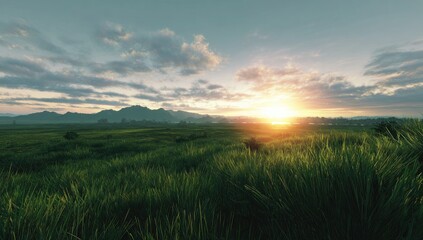 Obraz premium Serene sunset over a vast, grassy plain, mountains silhouetted in the distance under a partly cloudy sky