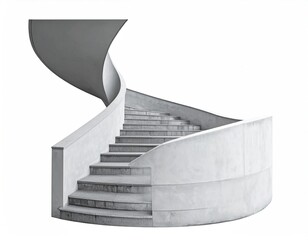 Concrete spiral staircase ascends, isolated on white background, monochrome tones