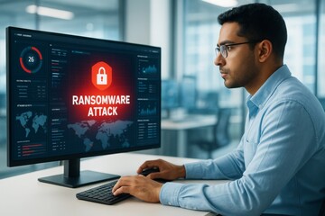 Focused cybersecurity analyst monitoring ransomware attack alert on desktop screen in high-tech office environment with digital background light. Ai generative
