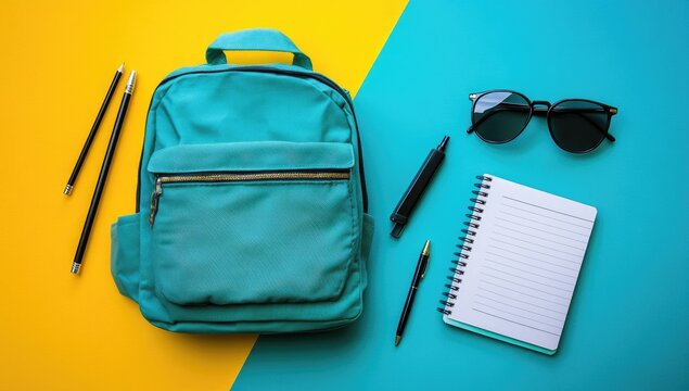 Teal backpack, notebook, pencils, sunglasses on colorful ground