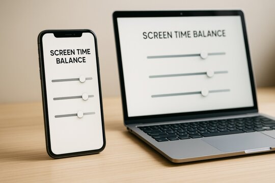 Smartphone and laptop with screen time balance sliders on display, placed on wooden surface in soft light background for digital wellness concept. Ai generative